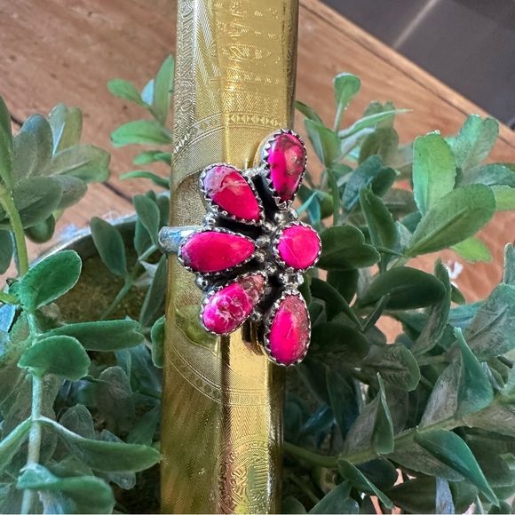 Sea Sediment Pink Jasper Adjustable Sterling Silver 925 Half Cluster Ring - Picture 6 of 9